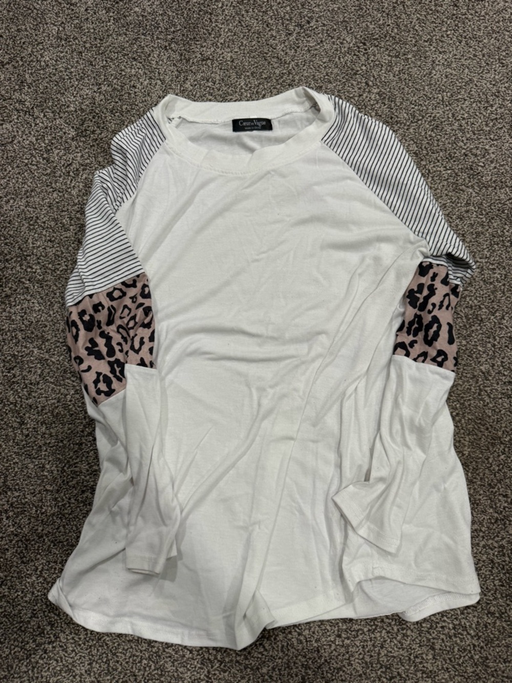 White Long Sleeve Raglan Top with Leopard and Stripe Accents